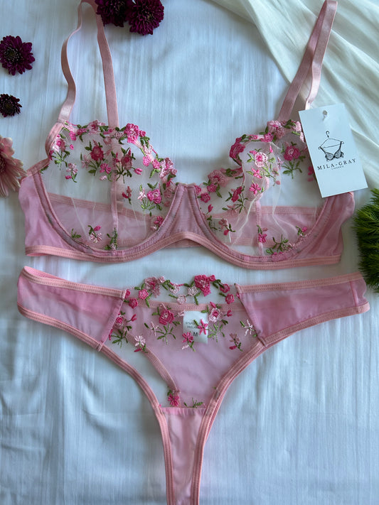 blush peony floral lace lingerie set